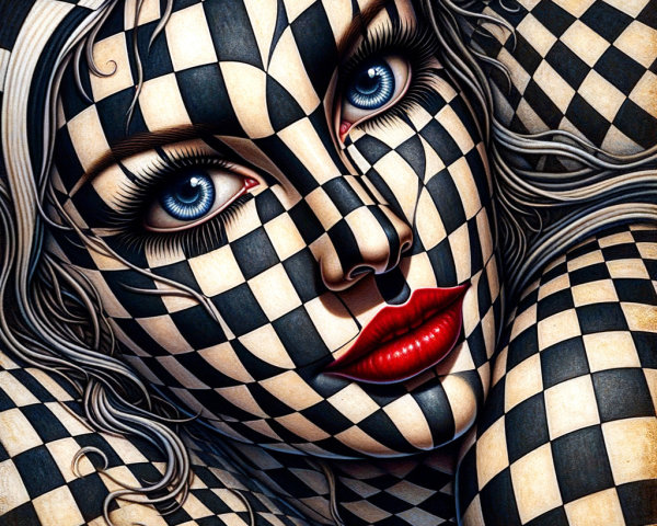 Checkerboard Pattern Figure with Blue Eyes and Red Lips