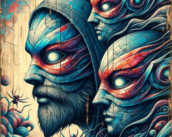 Surreal Artwork of Three Connected Faces with Patterns