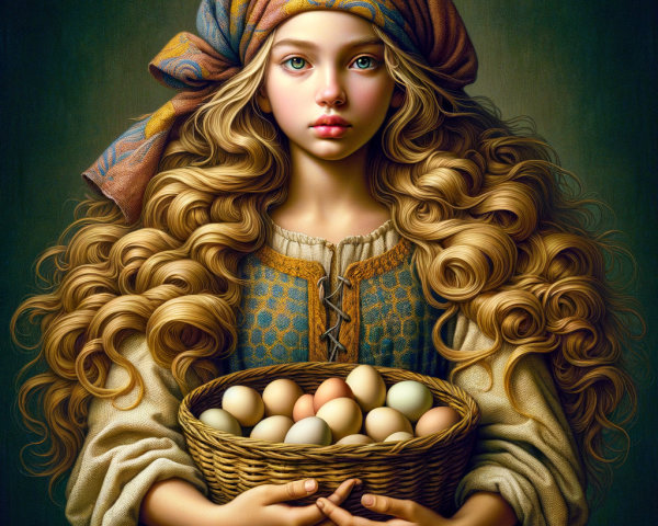 Young girl in traditional dress holding a basket of eggs