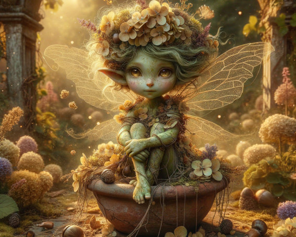 Whimsical Fairy in Flower Pot Surrounded by Garden