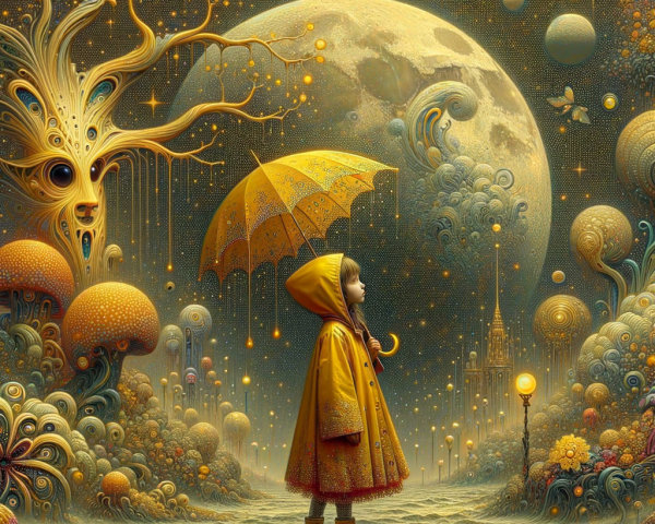 Whimsical Scene of Girl in Yellow Raincoat and Umbrella
