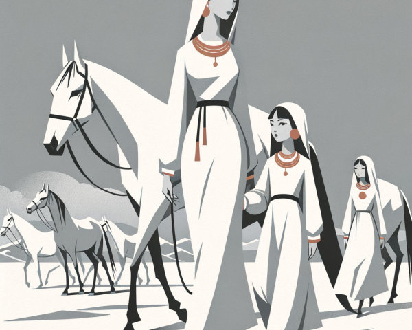 Stylized Illustration of Women in Traditional Attire