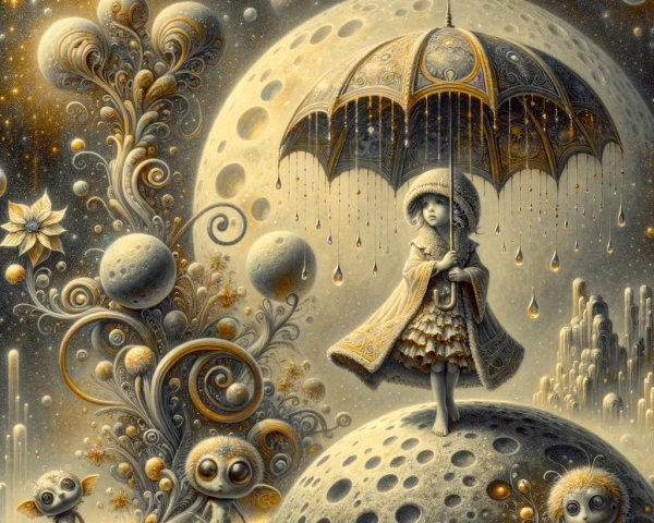 Whimsical Landscape with Girl and Cartoonish Creatures