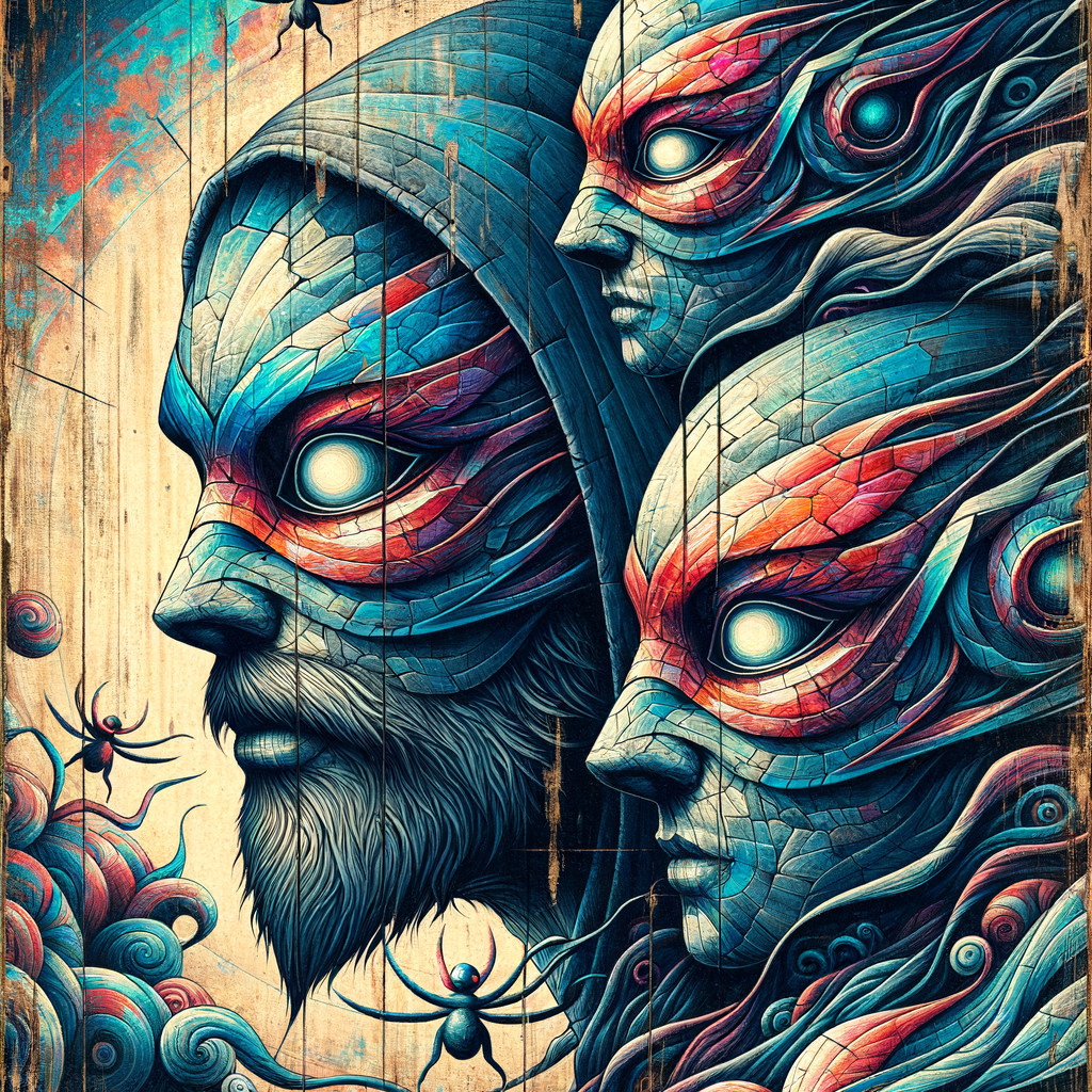 Surreal Artwork of Three Connected Faces with Patterns