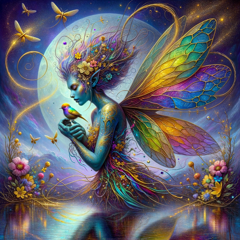 Vibrant Fairy by Water with Iridescent Wings and Moon