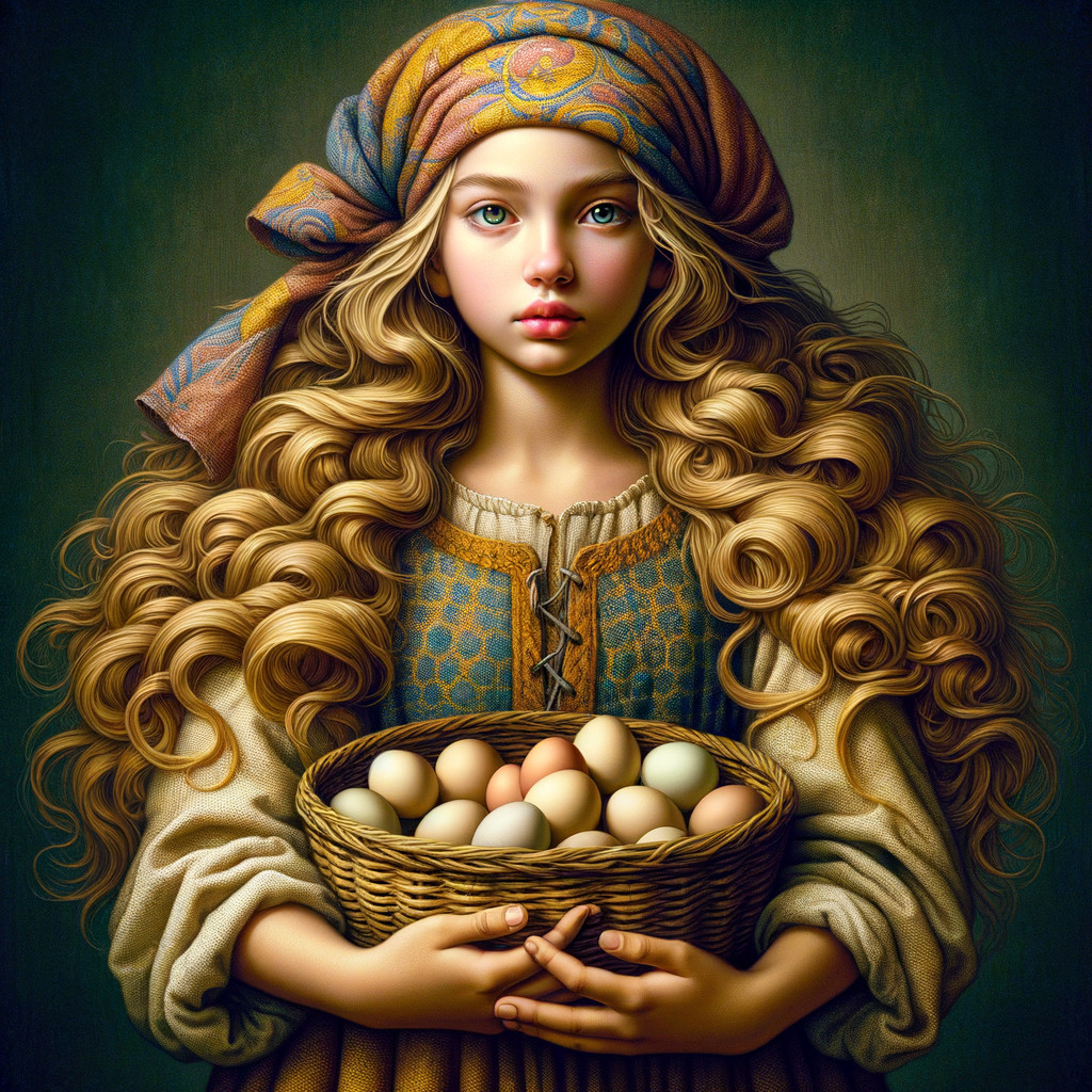 Young girl in traditional dress holding a basket of eggs