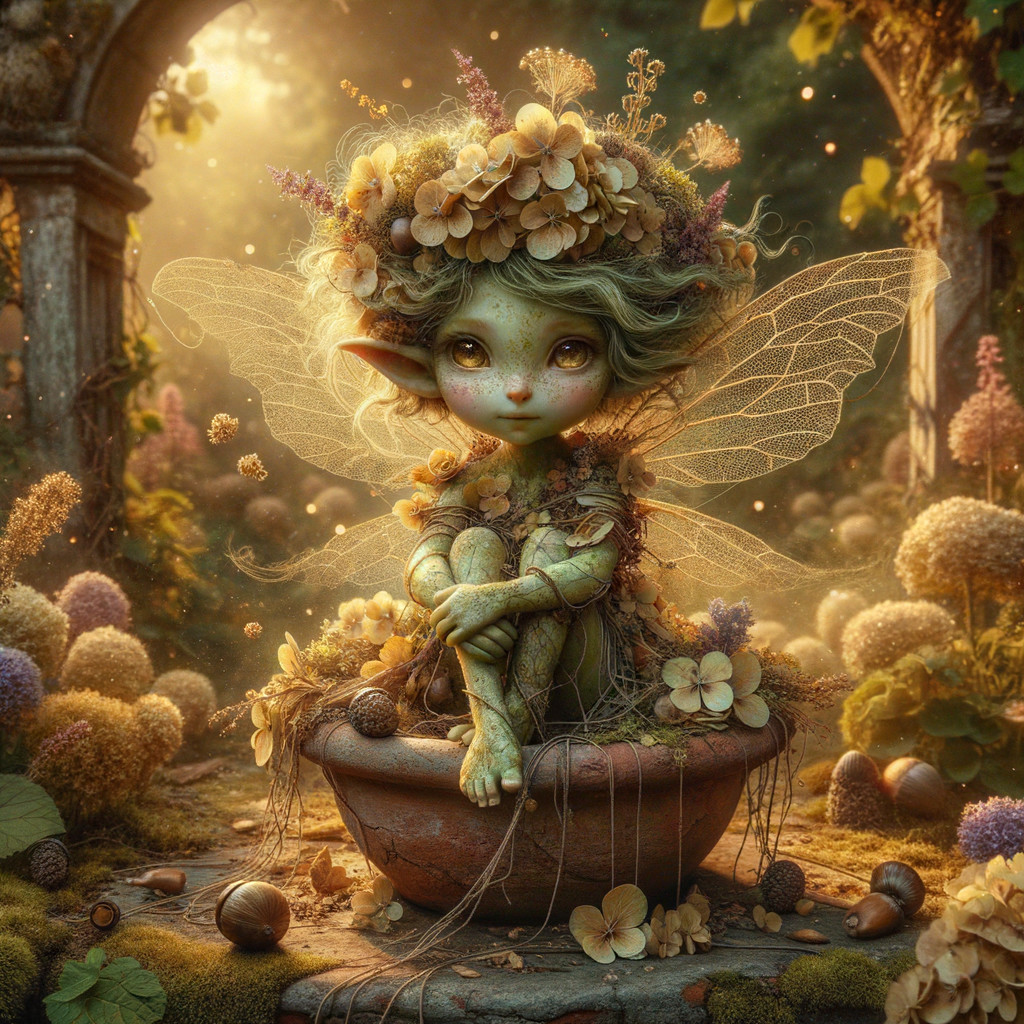 Whimsical Fairy in Flower Pot Surrounded by Garden