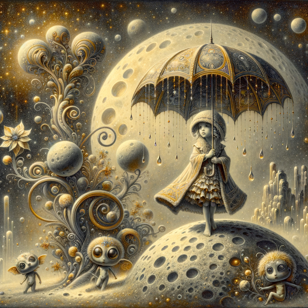 Whimsical Landscape with Girl and Cartoonish Creatures