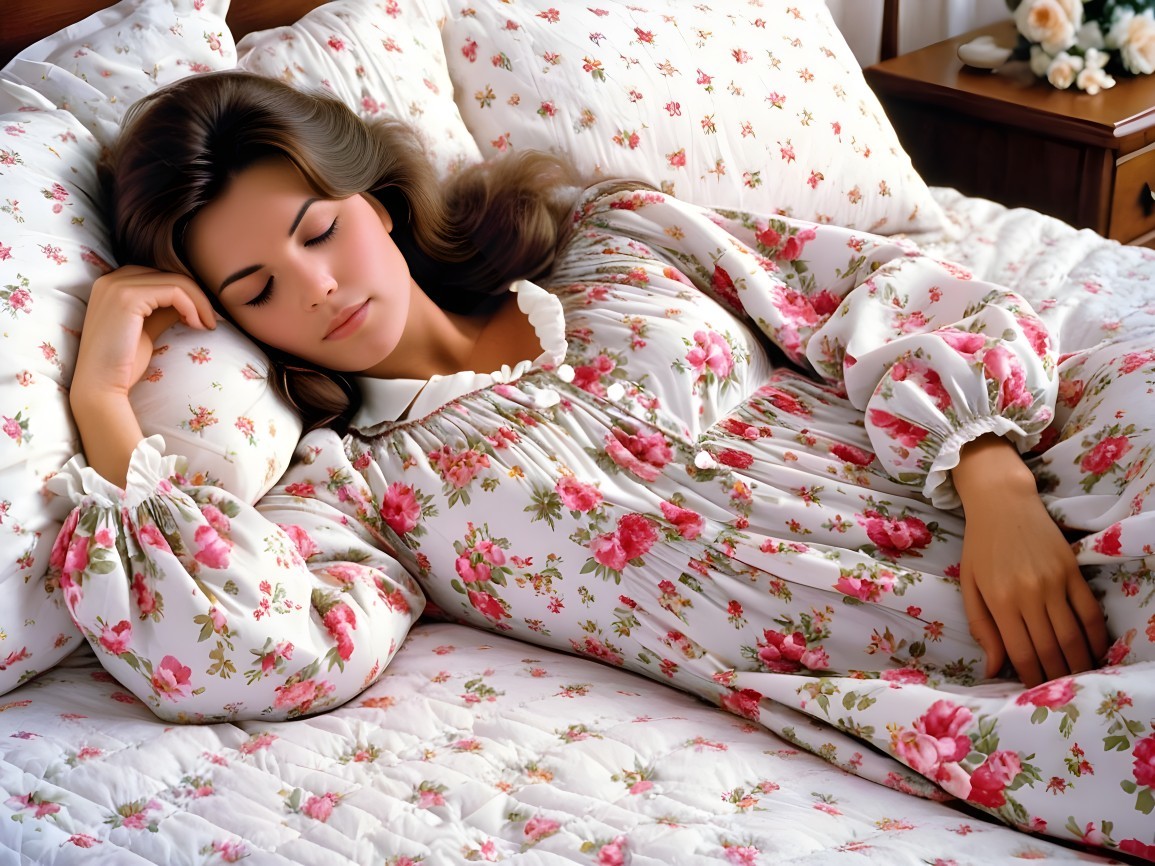 Serene Young Woman on Floral Bed in Soft Lighting