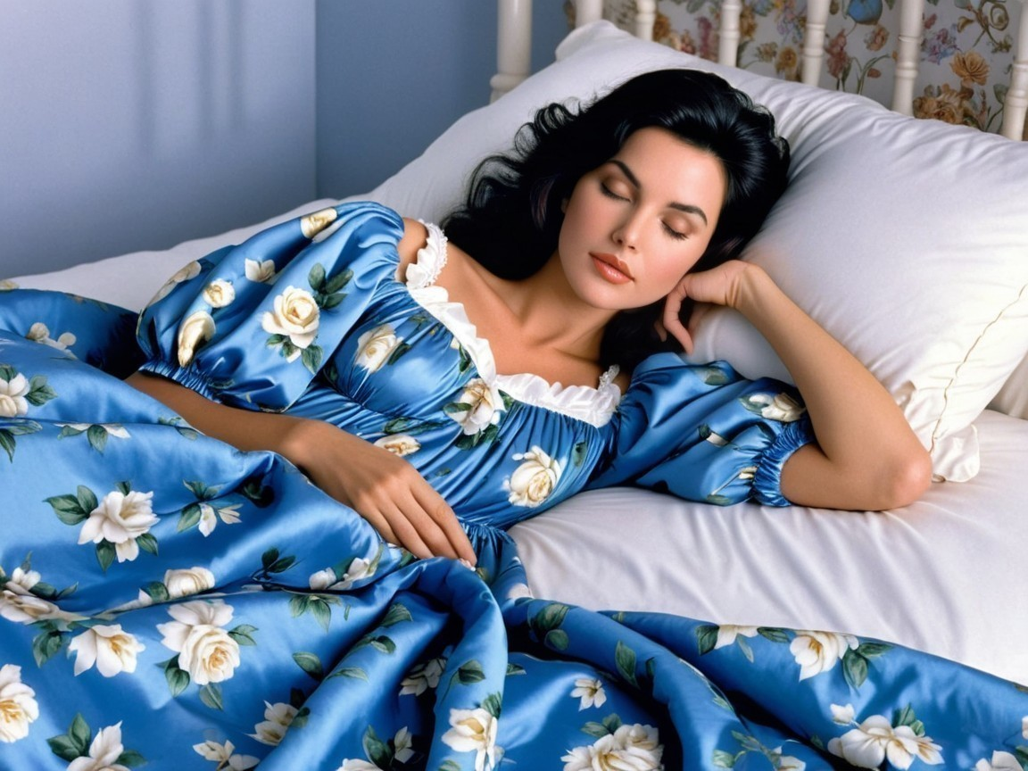 Serene Woman Asleep in Floral Satin Bedspread