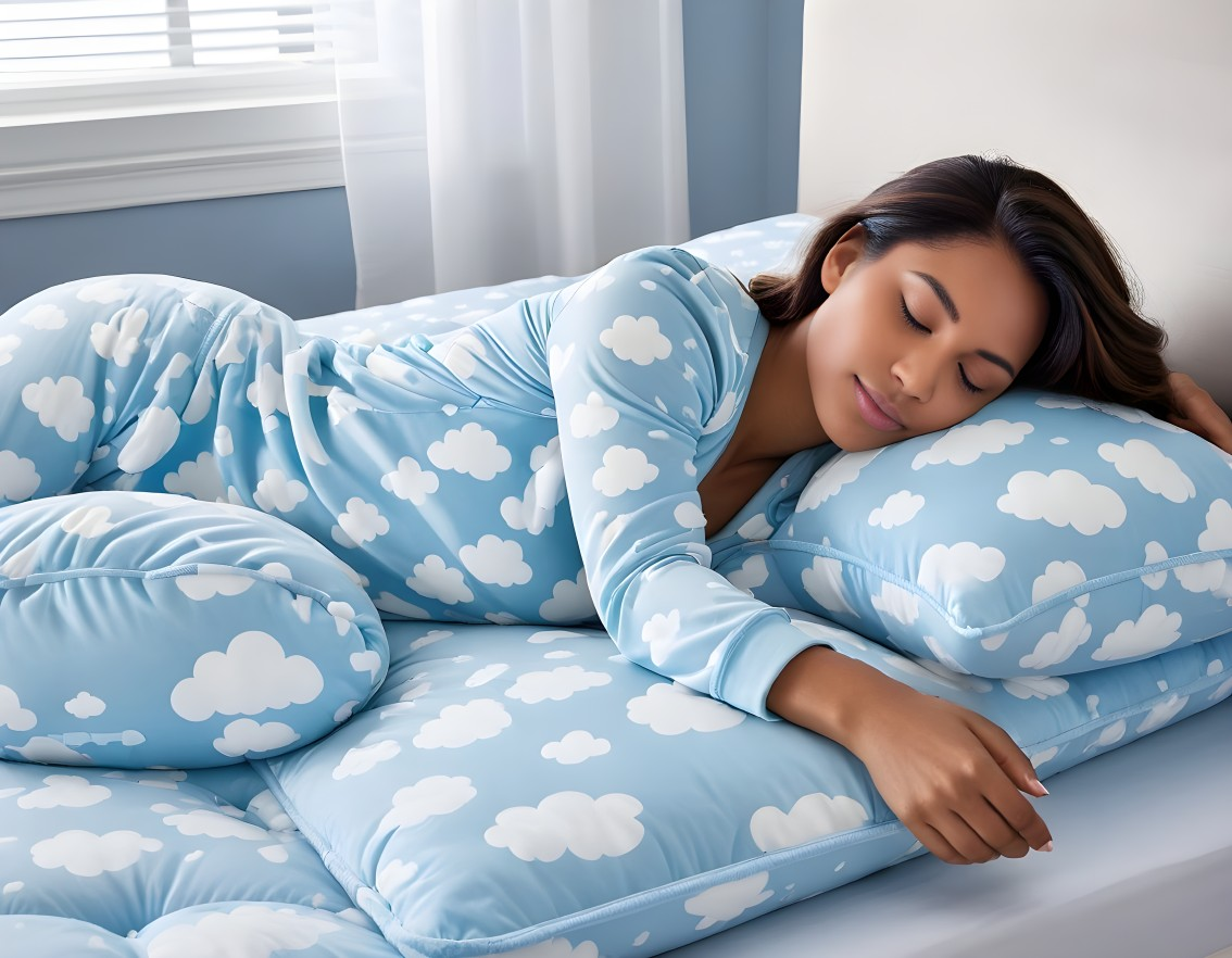 Woman Sleeping on Cloud-Patterned Bedding in Soft Light