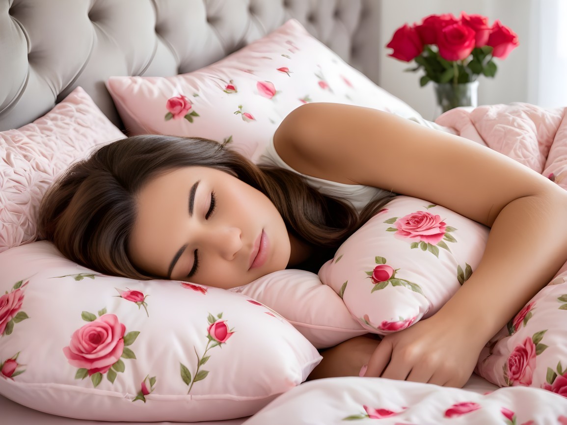 Young Woman Sleeping on Floral Pillows with Roses