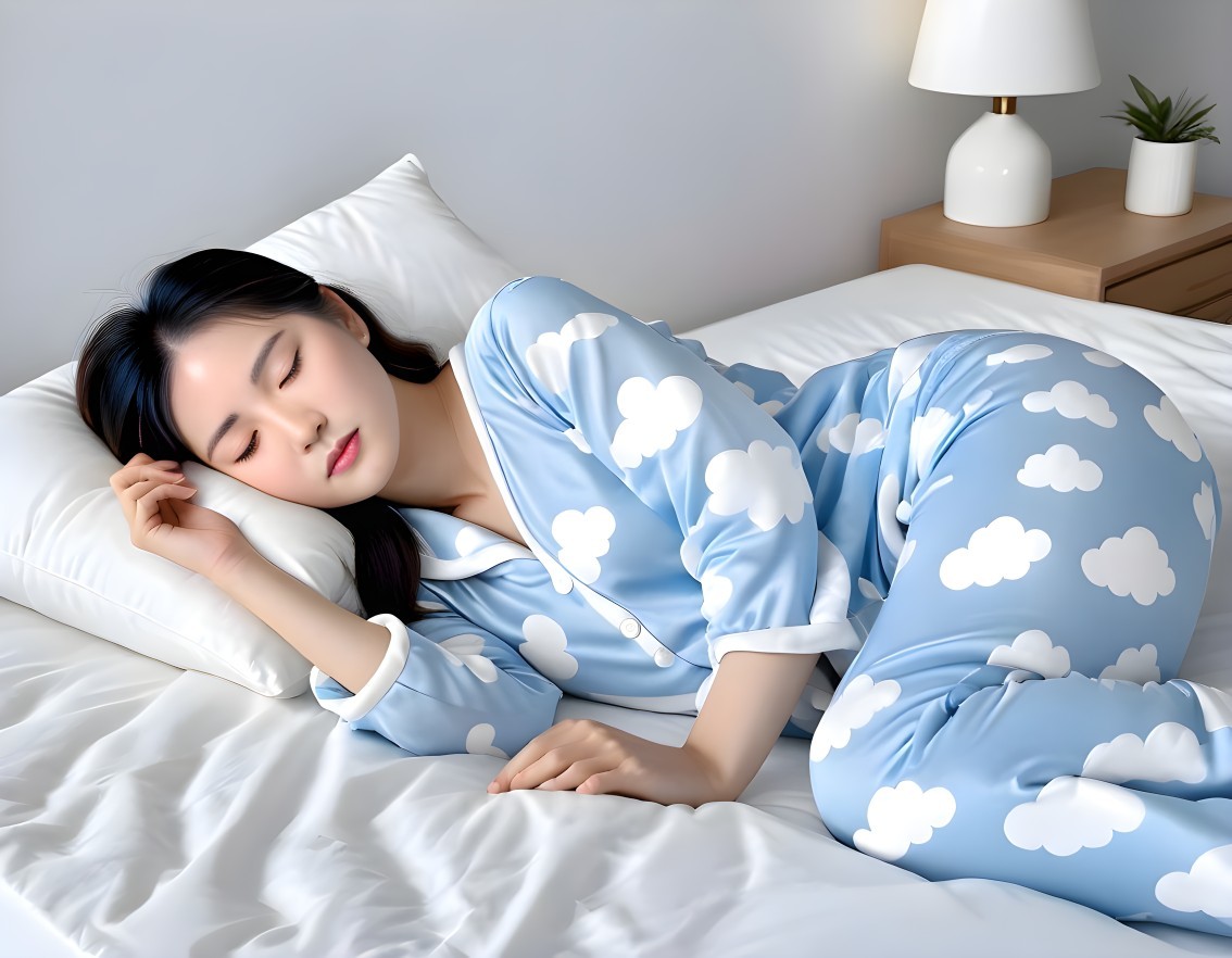 Young woman sleeping in blue pajamas with clouds