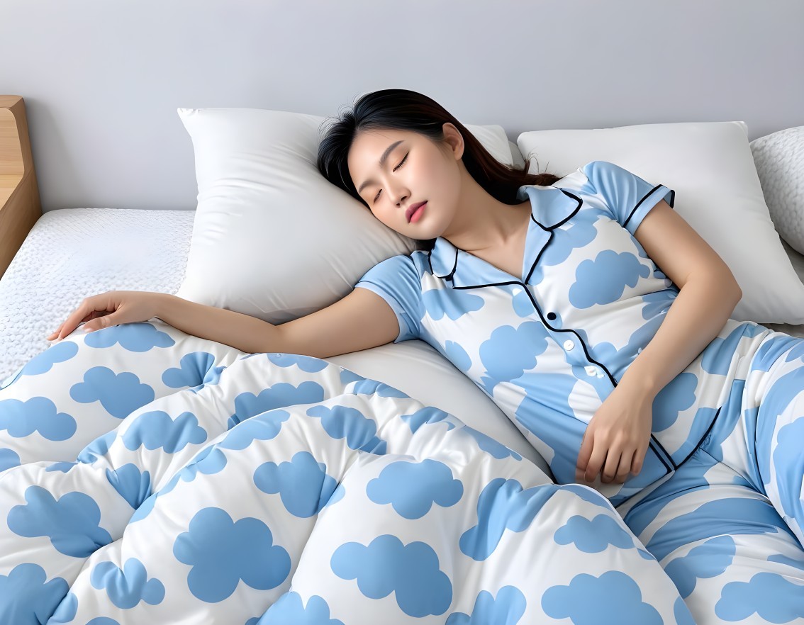 Young Woman in Blue Pajamas on Cloud-Patterned Bed