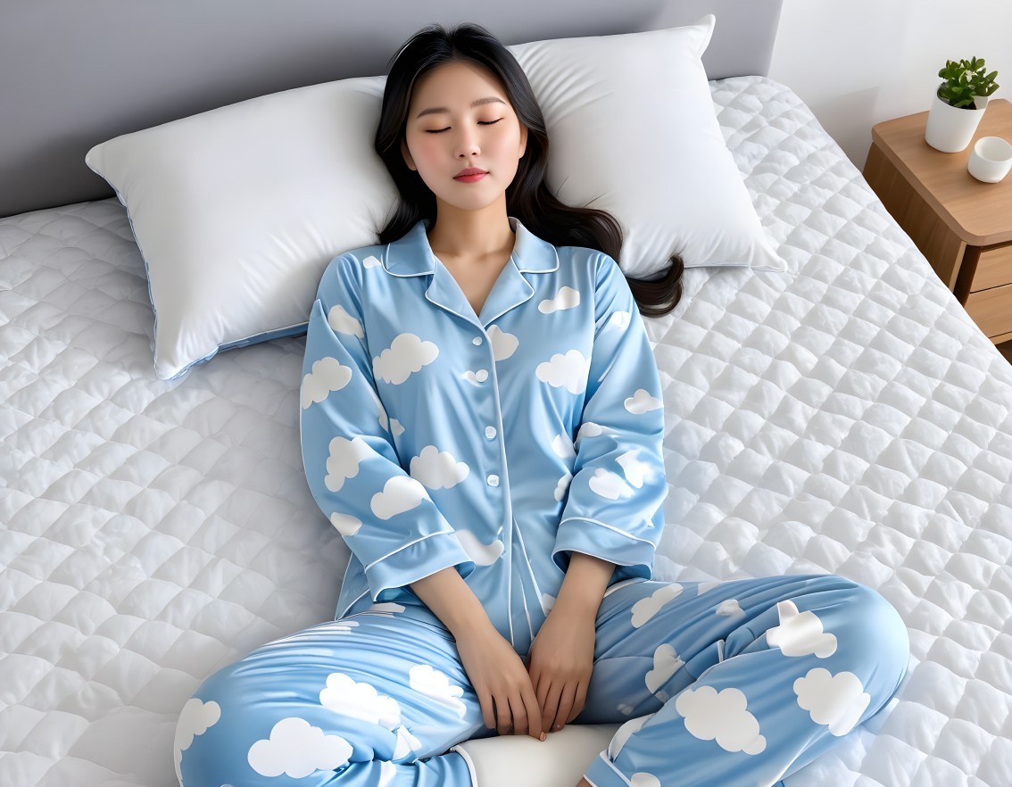 Young Woman in Blue Pajamas in Minimalist Bedroom