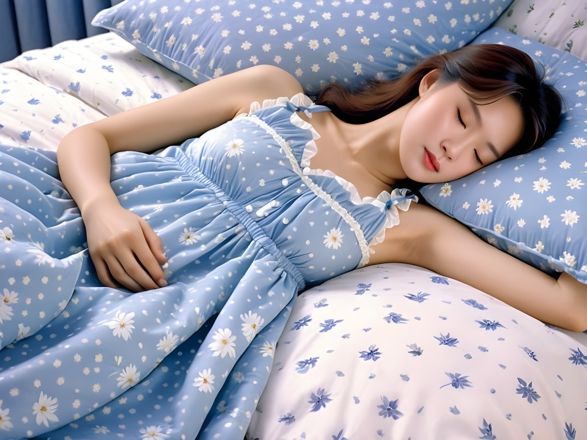 Young Woman Sleeping on Floral Bedding in Soft Light