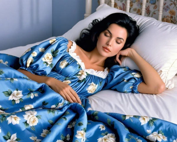 Serene Woman Asleep in Floral Satin Bedspread