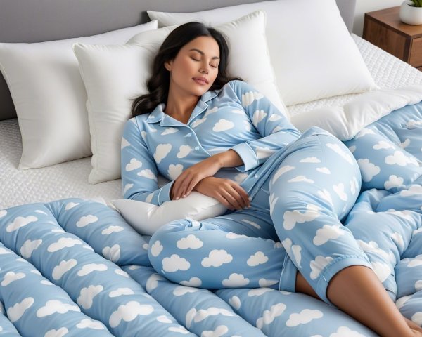 Woman Sleeping in Cloud-Patterned Pajamas and Bedding