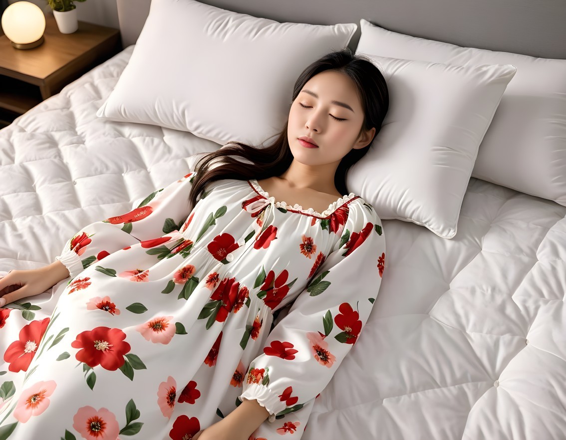 Young Woman Sleeping on Cozy Bed with Floral Nightgown