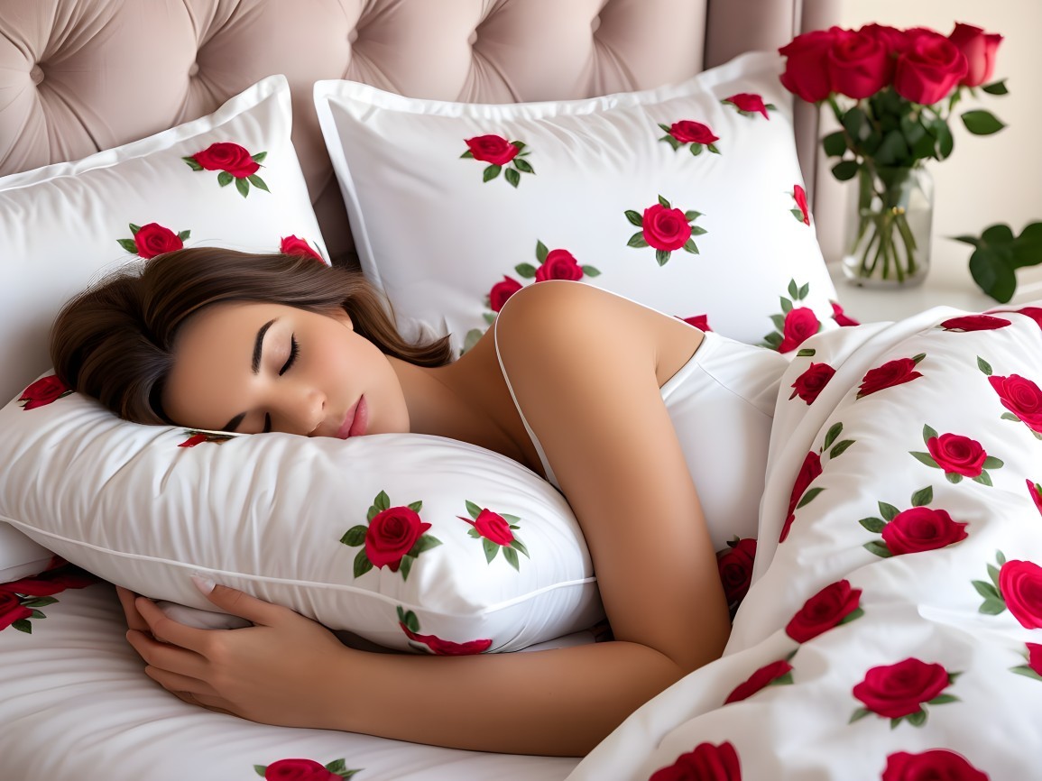 Woman Sleeping on Bed with Red Roses and White Bedding