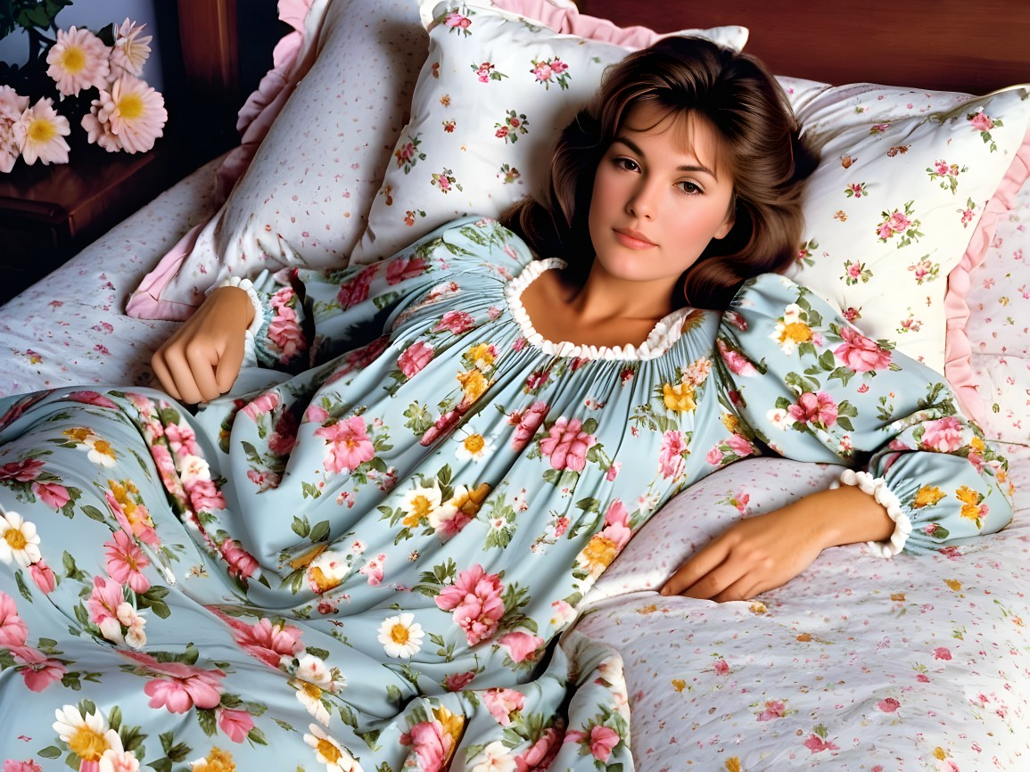 Young woman in floral nightgown on a cozy bed