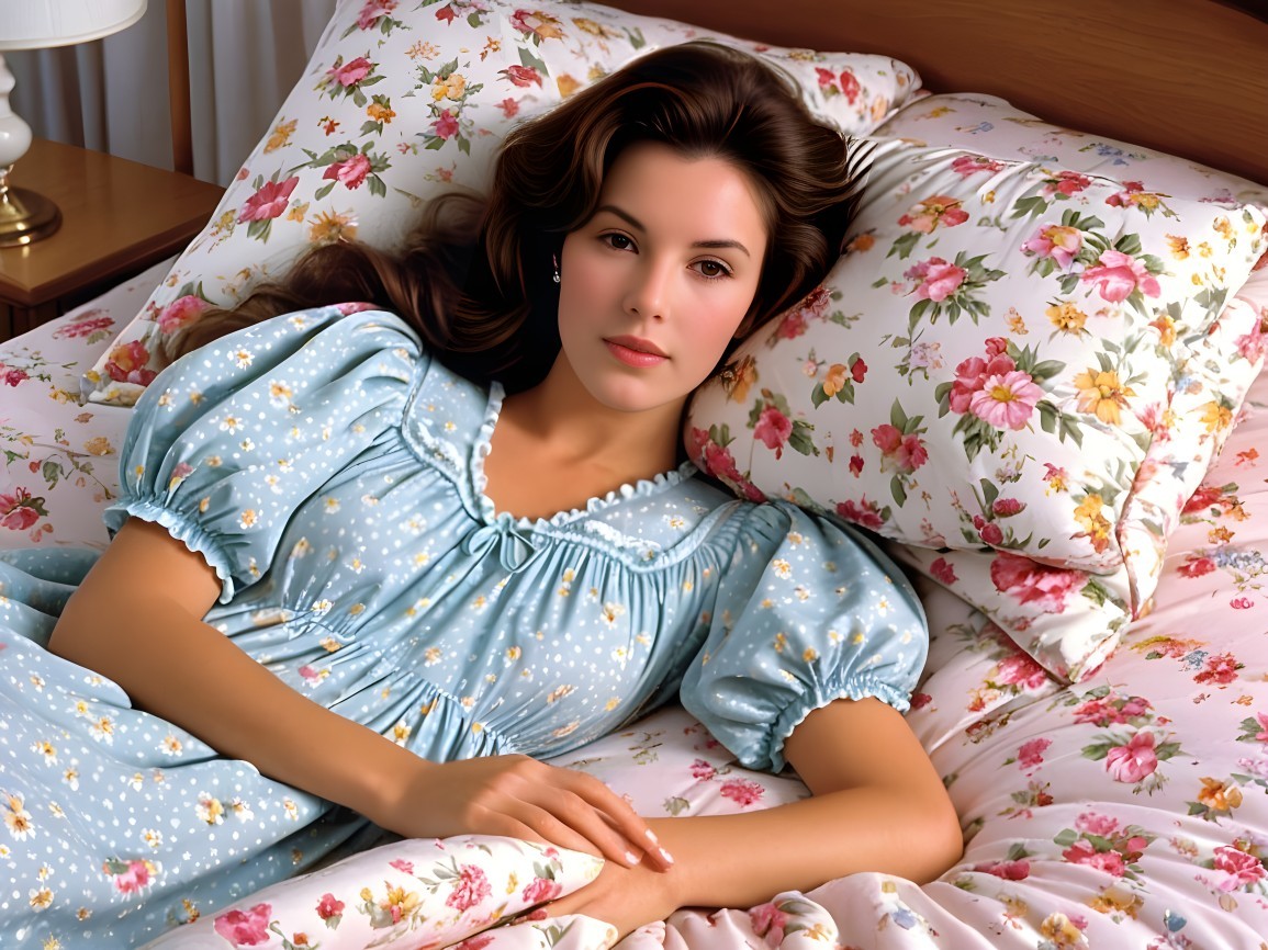 Young Woman Relaxing on Floral Bed with Soft Lighting