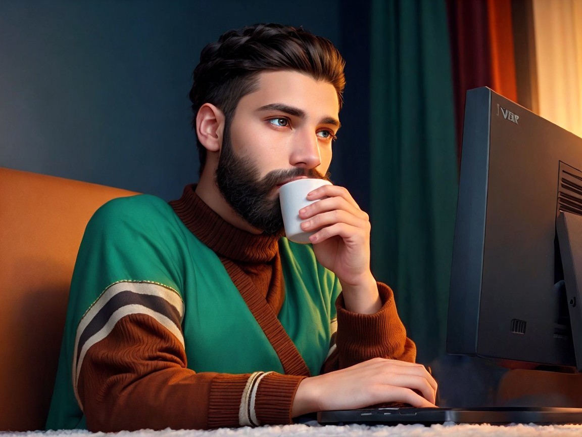 Young man in sweater working at desk with coffee cup