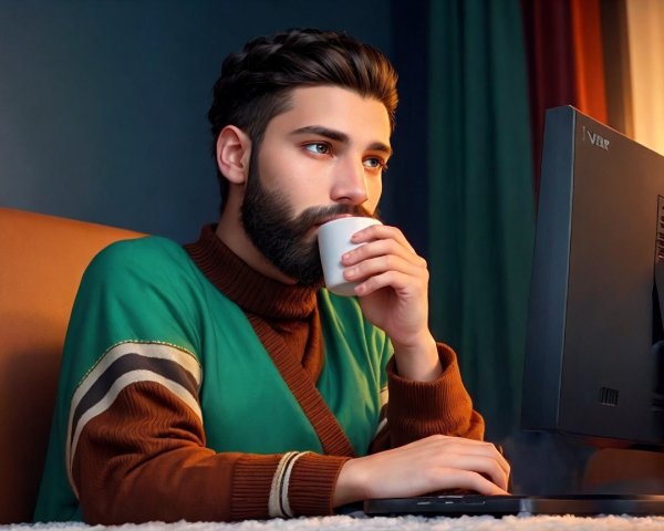 Young man in sweater working at desk with coffee cup