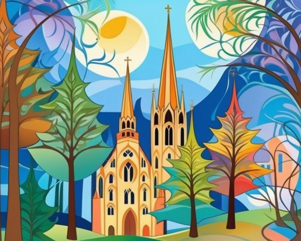 Colorful Landscape with Fairy-Tale Church and Trees