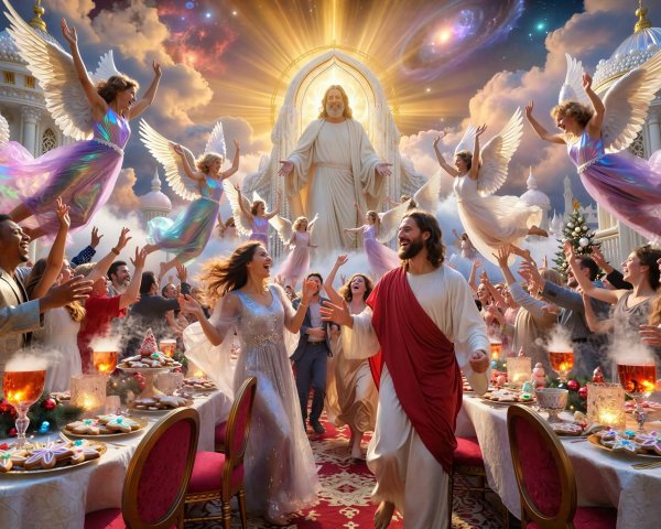 Diverse Celebration Scene with Jesus and Angels