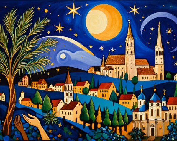 Vibrant Village Scene with Colorful Night Sky
