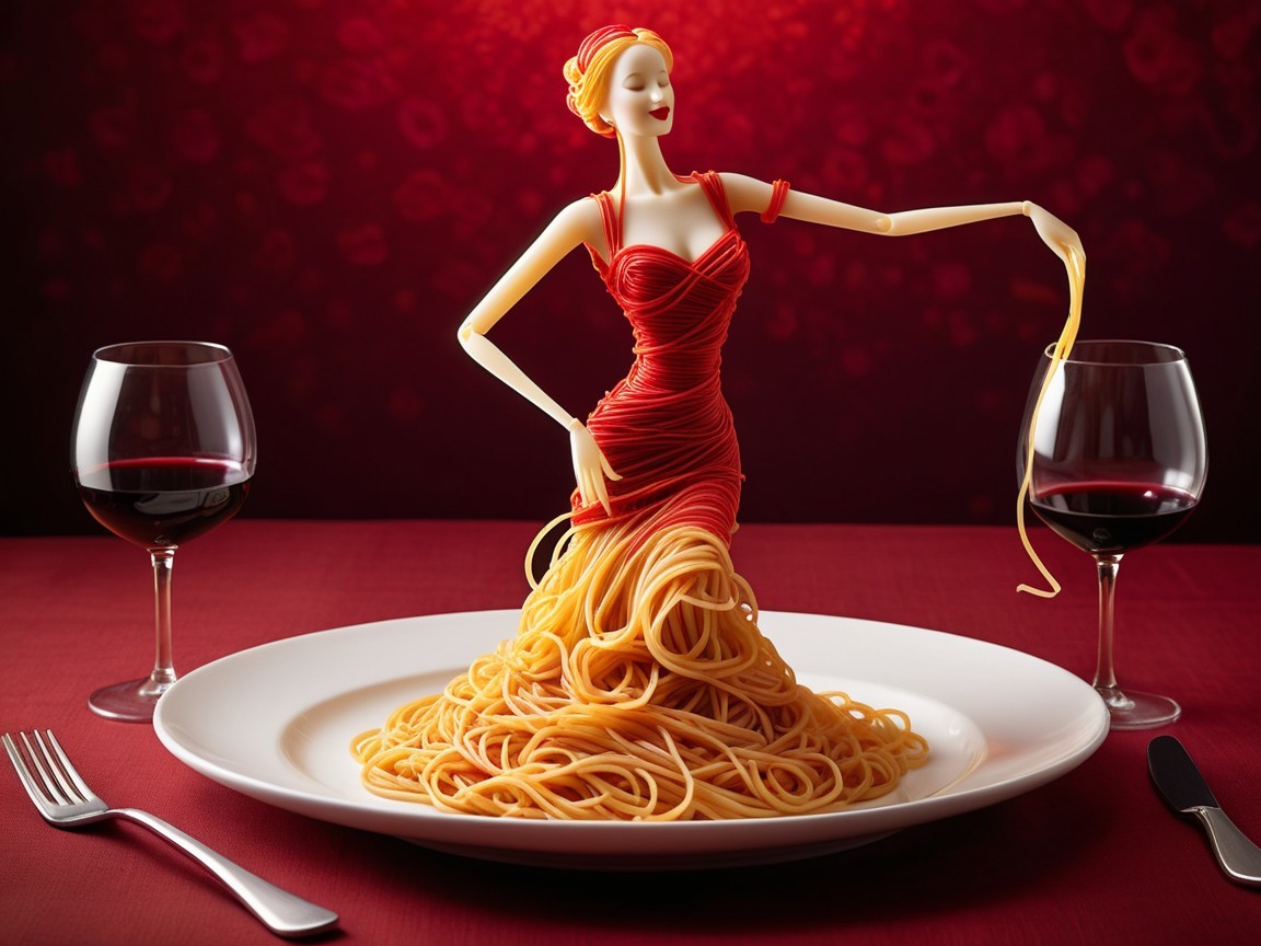 Doll Figure on Spaghetti Plate with Wine Glasses