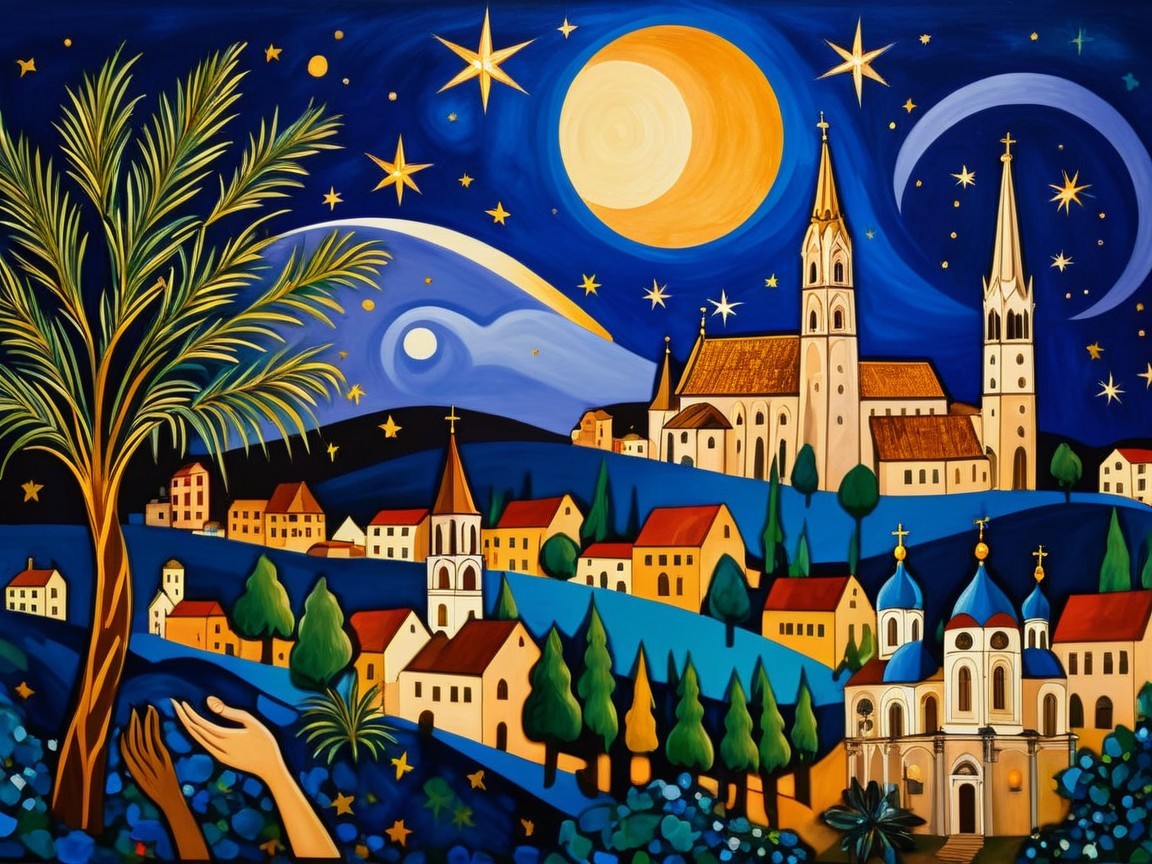 Vibrant Village Scene with Colorful Night Sky