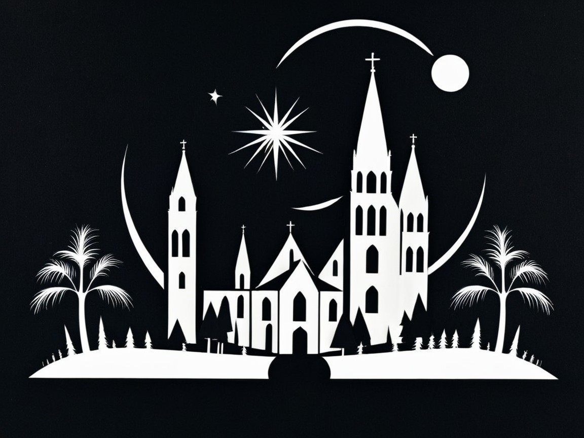 Silhouette Paper Cutout Art with Churches and Celestial Elements