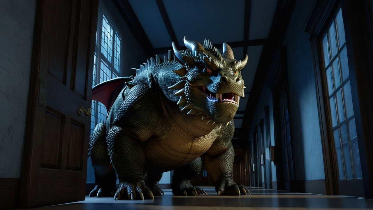 Menacing Dragon in Dimly Lit Hallway with Architecture