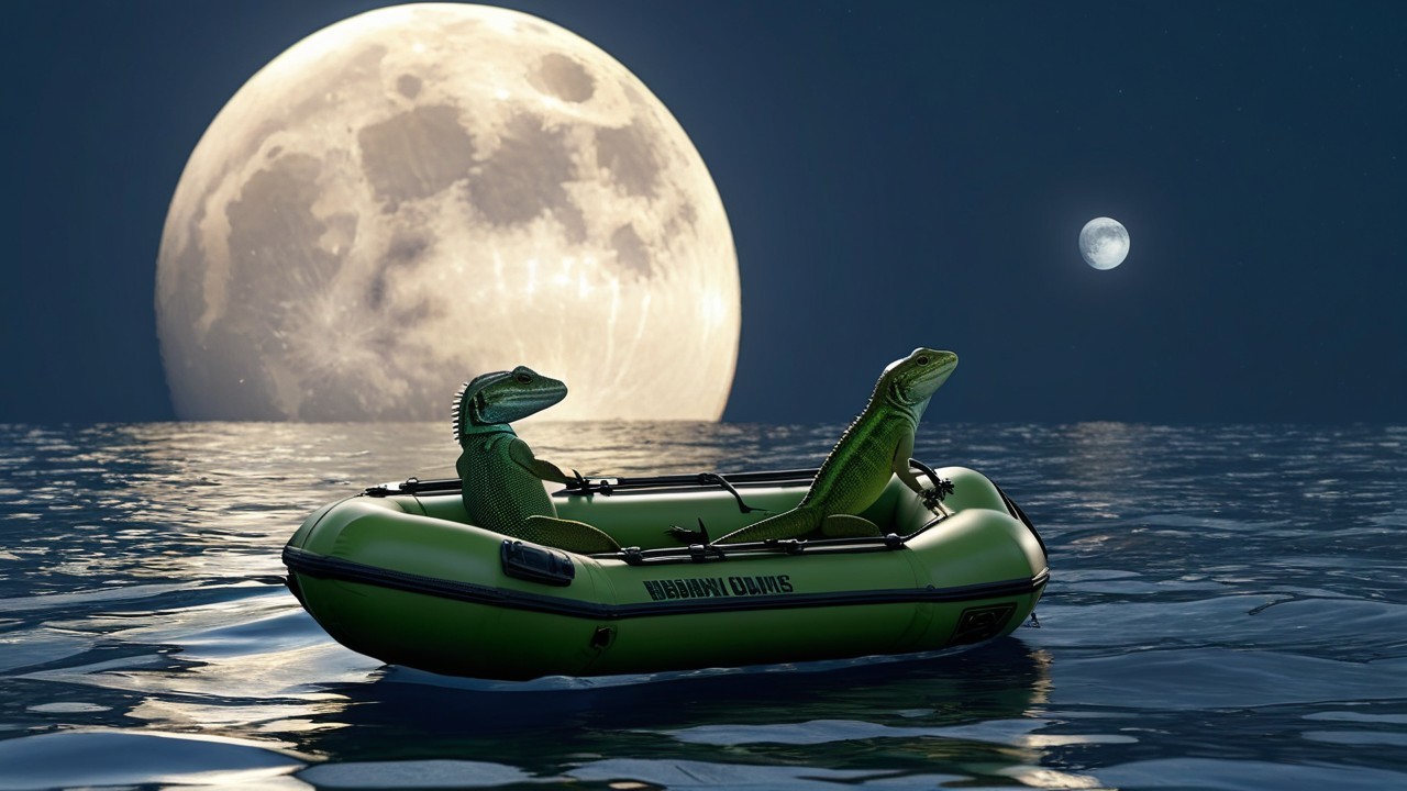 Lizards in a Green Boat on Shimmering Water at Night