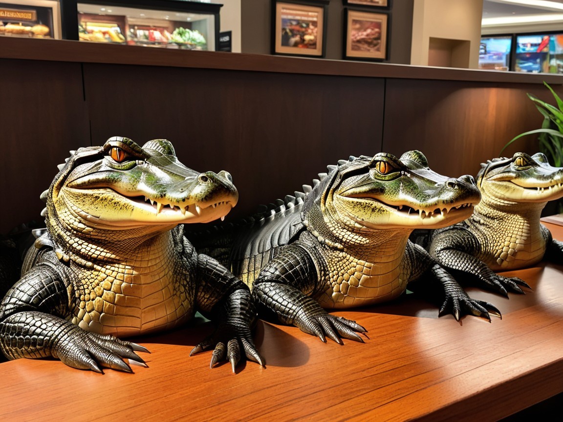 Lifelike crocodile replicas displayed on wooden counter
