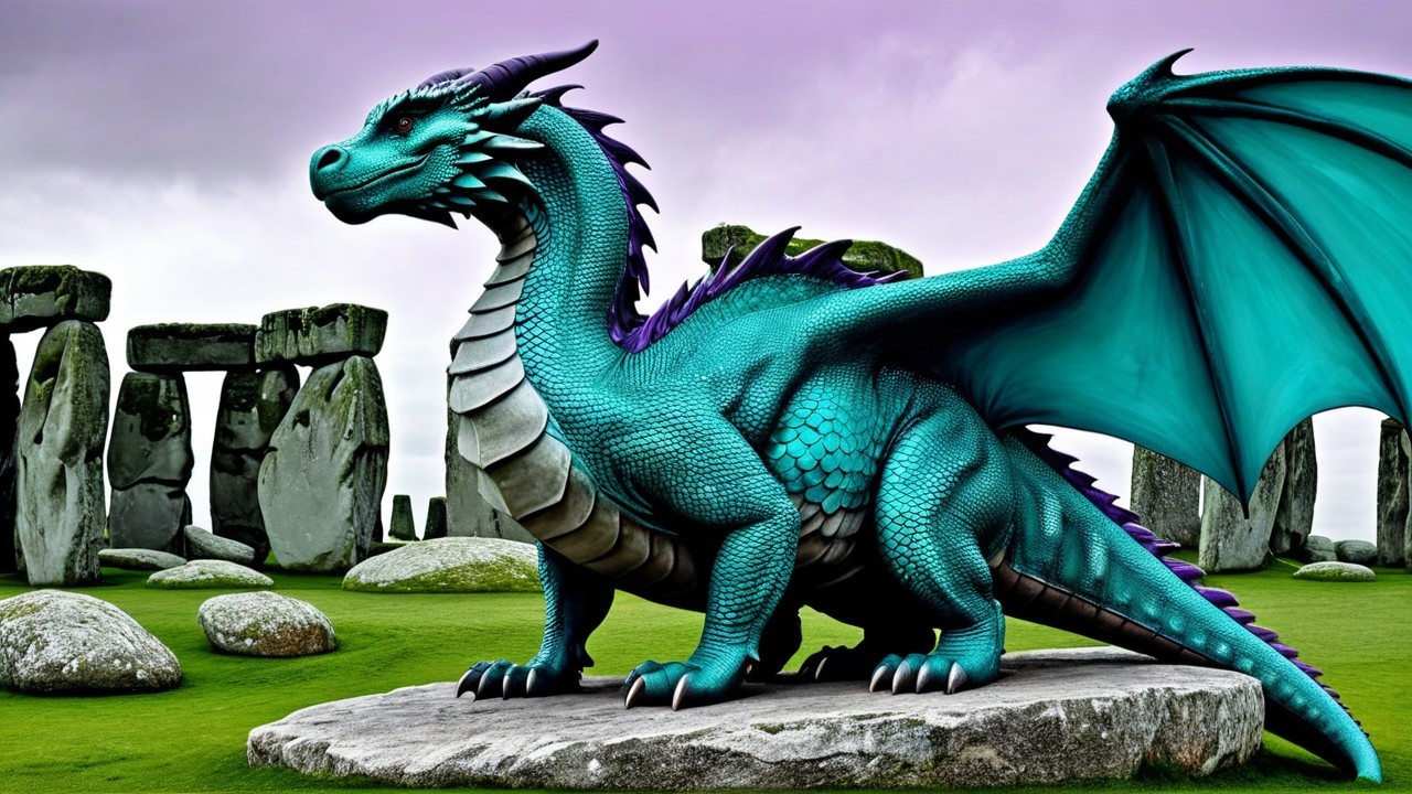 Turquoise Dragon on Stone with Ancient Structures Background
