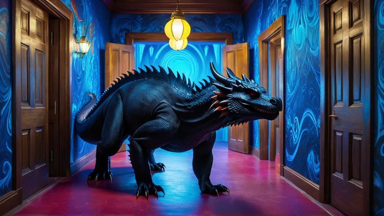 Black dragon in colorful hallway with whimsical decor