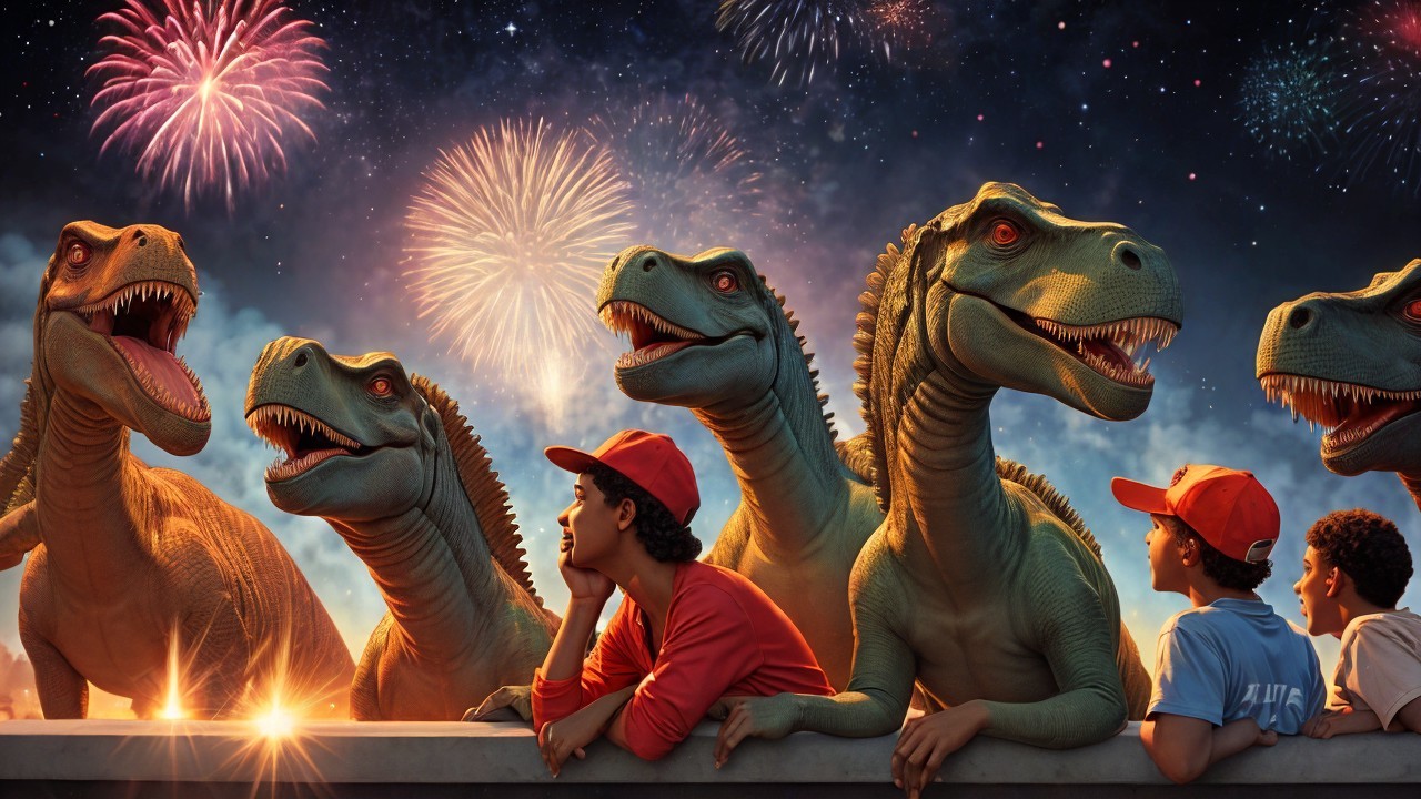 Children in Caps Admire T. Rex Under Fireworks