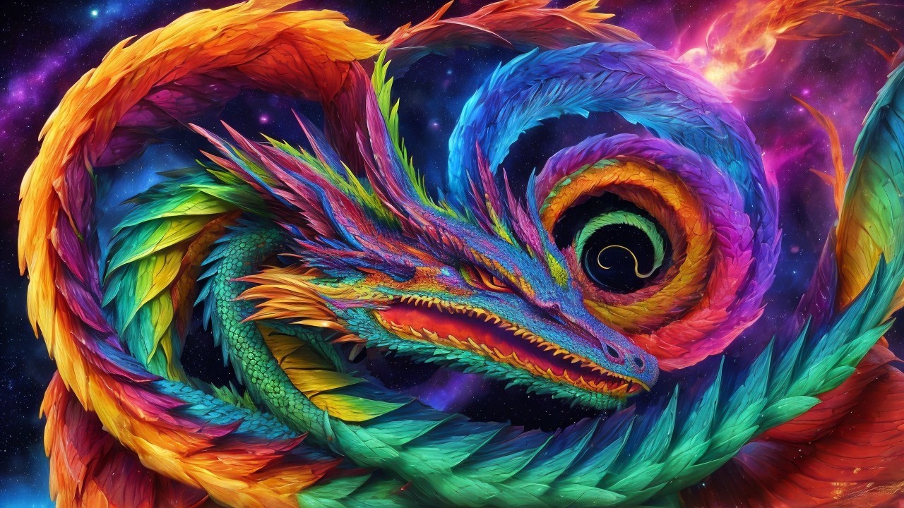 Mythical dragon in a colorful galaxy backdrop