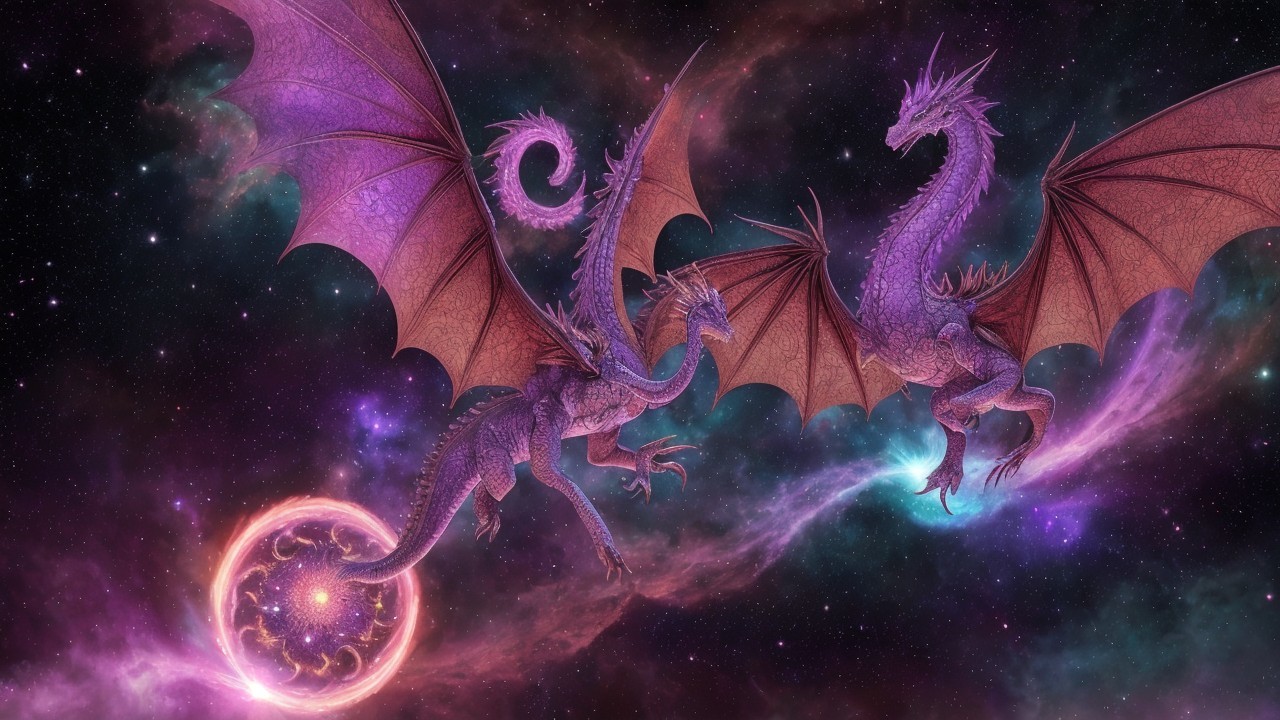 Dragons Dancing in a Vibrant Cosmic Scene