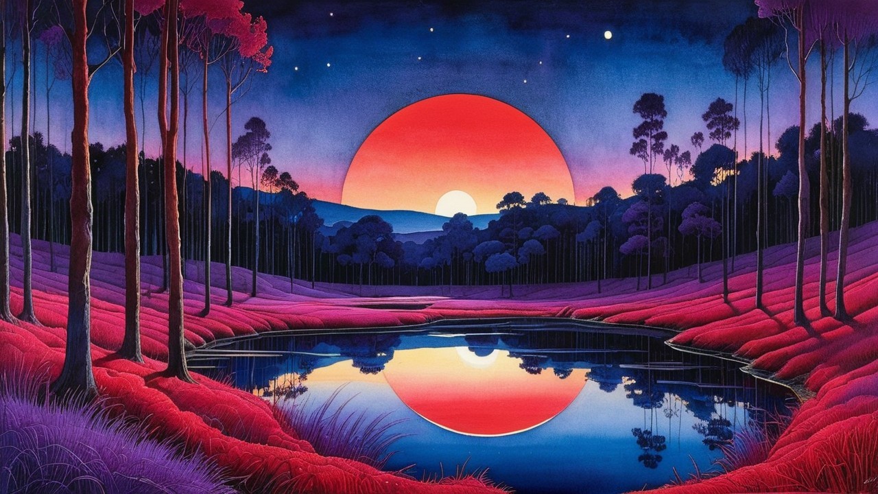 Vibrant Sunset Landscape with Calm Lake Reflections