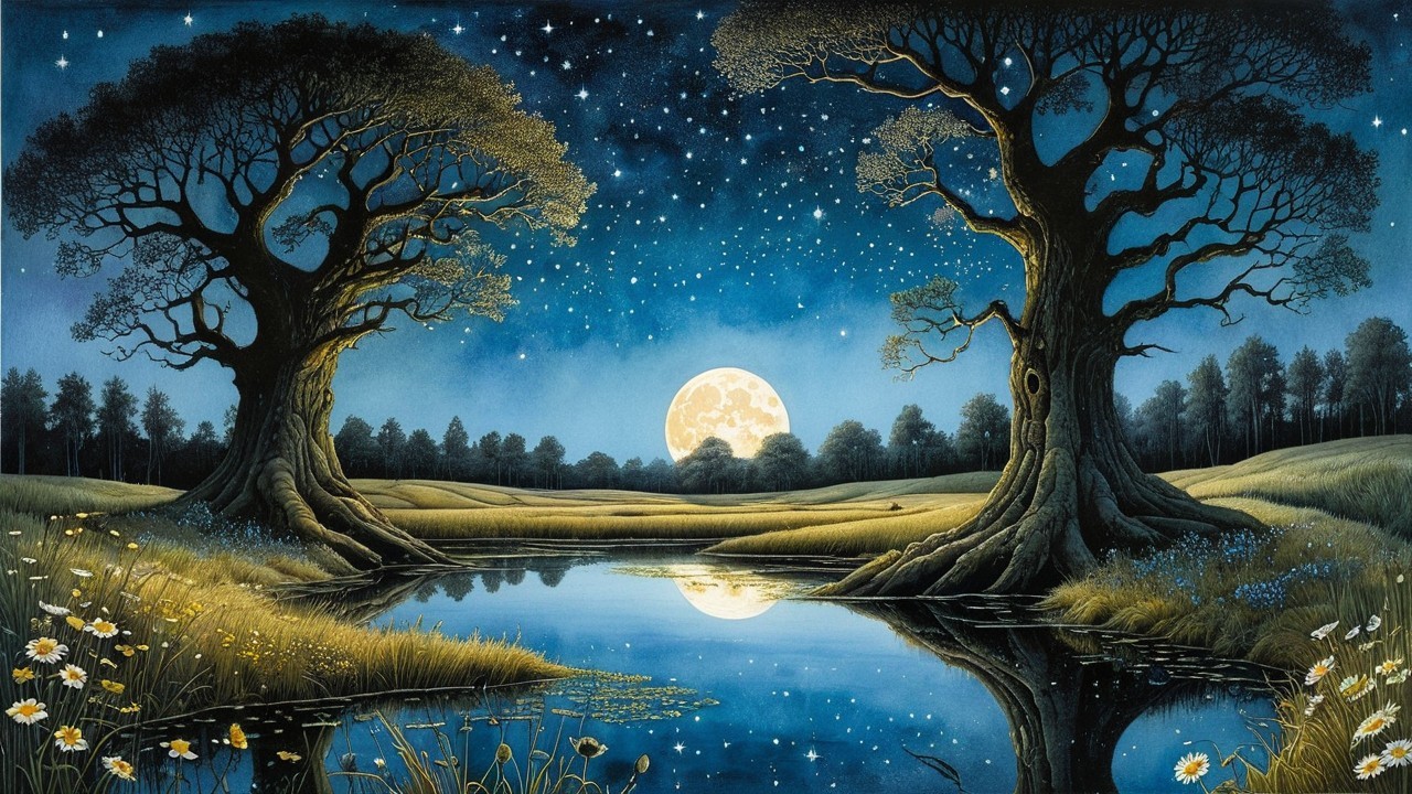 Majestic Trees and Moonlit Lake Under Starlit Sky