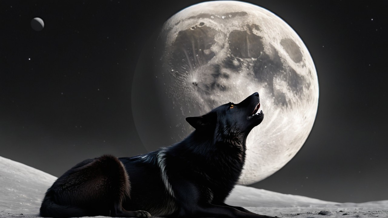 Lunar Landscape with Howling Wolf and Luminous Moon