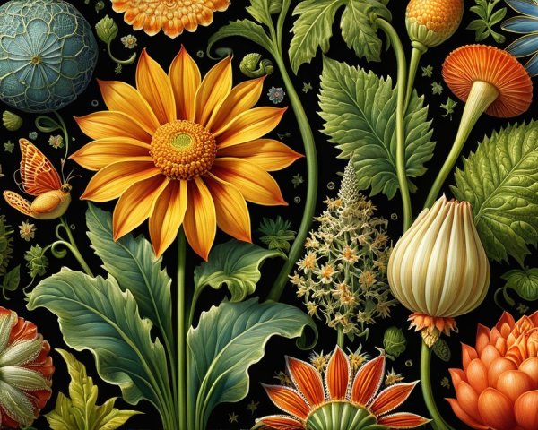Vibrant Floral Illustration with Sunflower and Butterfly