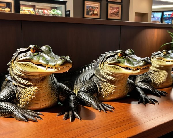Lifelike crocodile replicas displayed on wooden counter