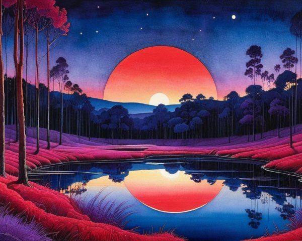 Vibrant Sunset Landscape with Calm Lake Reflections