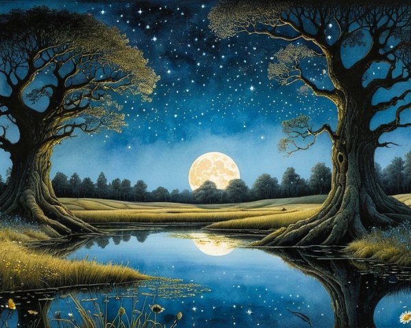 Majestic Trees and Moonlit Lake Under Starlit Sky