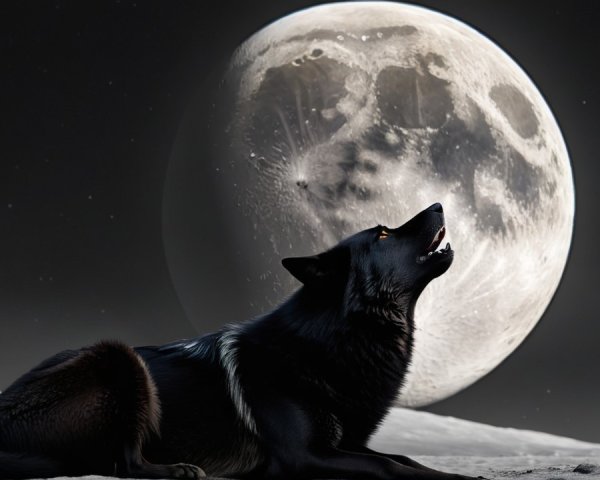 Lunar Landscape with Howling Wolf and Luminous Moon